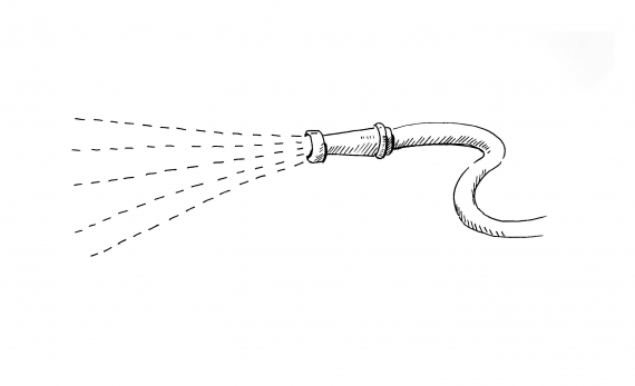 Tegnet bilde av en vannslange hvor det spruter vann.