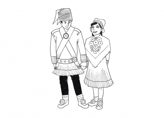 Tegning av et Kautokeino brudepar.