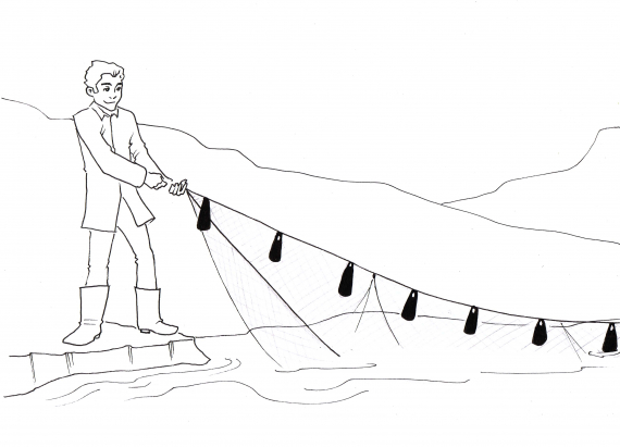 Tegning av en gutt som trekker not, garnet har luovddit.