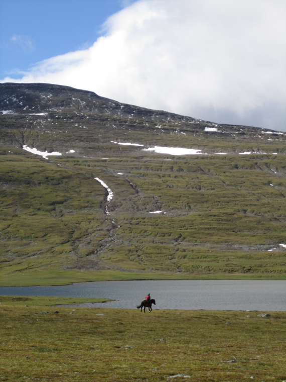 Bilde av noen som rir en hest på vidda ved siden av et vann.