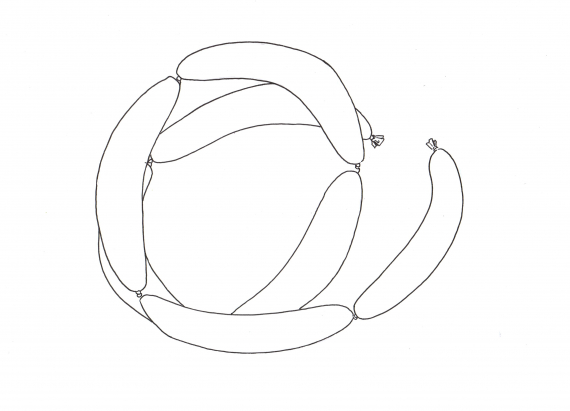 Tegning av en seks syv pølser hektet sammen.