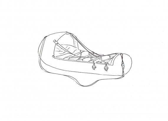 Tegning av en pyntet komse.