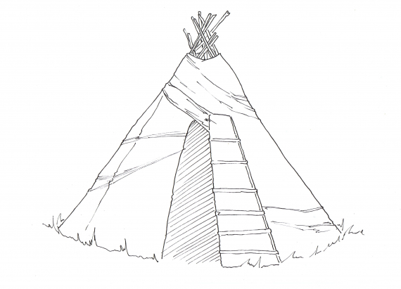 Tegning av en vanlig lavvo med lavvostenger og lavvoduk.