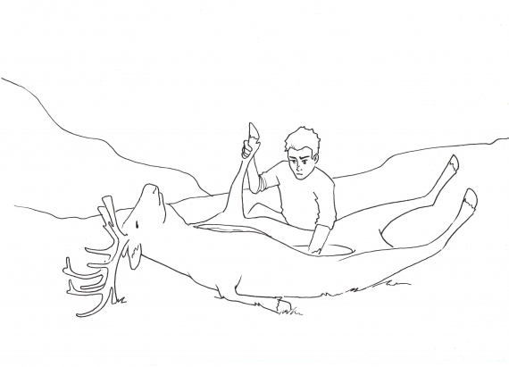 Tegning av en gutt som slakter et reinsdyr.