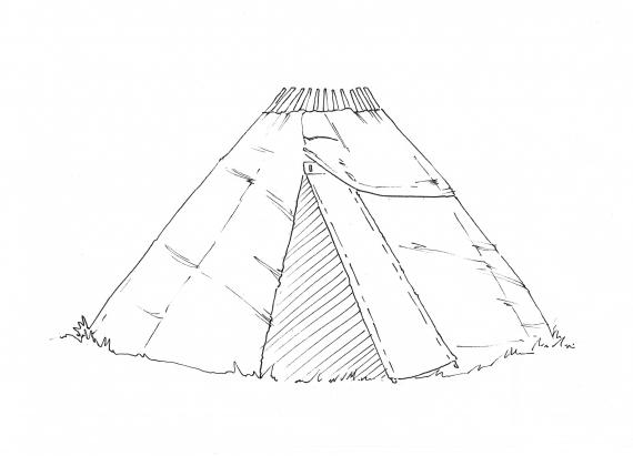 Tegning av en goahti med stenger og duk over.