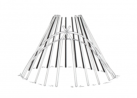 Tegning av lavvustenger som ikke er mot hverandre. Formet som goahti.