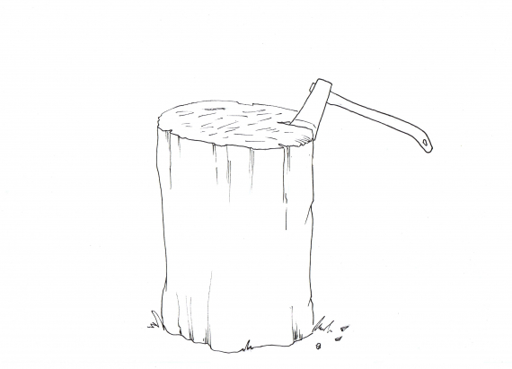 Tegning av en huggstabbe med en øks i.