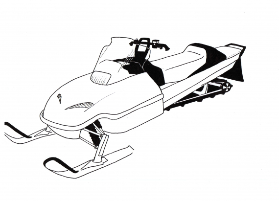 Tegning av en snøskuter i profil.
