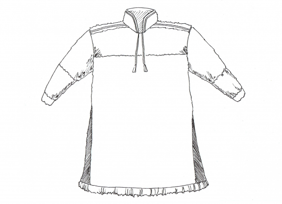 Tegning av en pesk. Pesk er en bekledning laget av reinsdyr. Tilsvarer en svært god kjeledress.