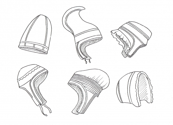 Tegning av seks ulike samiske kvinne hodeplagg.