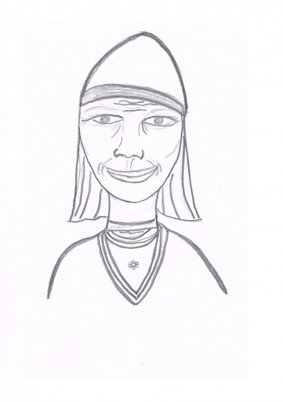 Tegning av en kvinne som har sørsamisk kofte på seg.