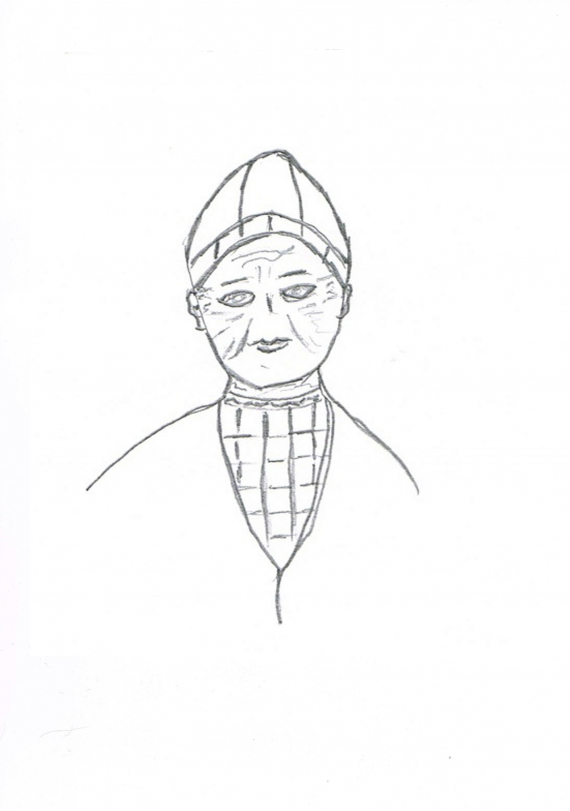 Tegning av en eldre kvinne som har sørsamisk kofte på seg.