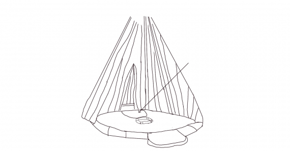 Tegning av en lavvo med fokus på plassen som er innerst, hvor matvarer og husgeråd tradisjonelt ble oppbevart.