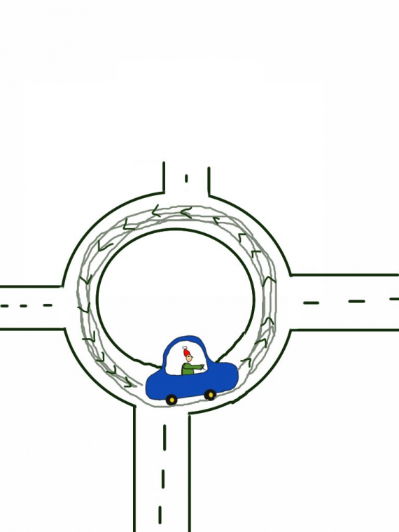 Tegnet bilde av en bil som kjører rundt i en rundkjøring.