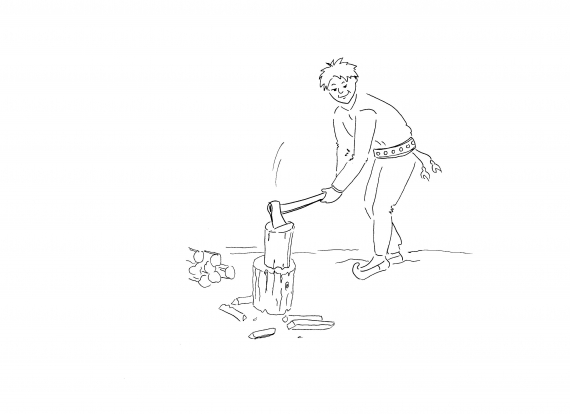 Tegnet bilde av en gutt som kløyver trær.