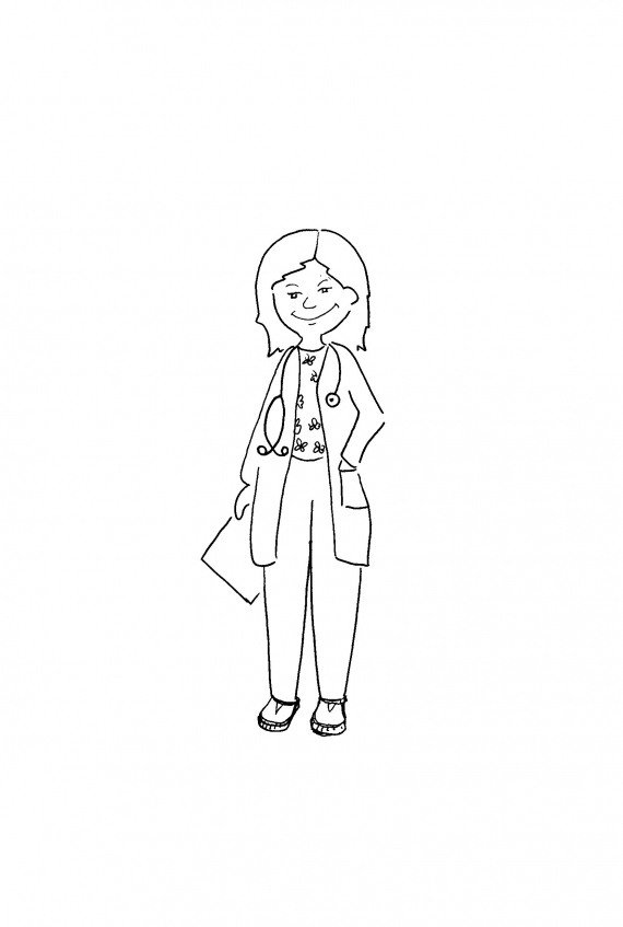 Tegnet bilde av en kvinnelig lege med stetoskop rundt halsen og papir i hånda.