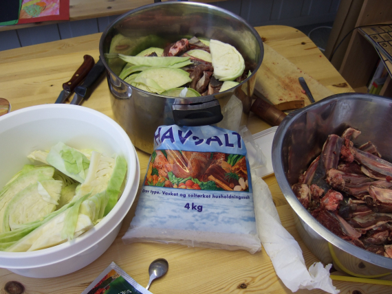 Kål i biter i en bolle og kjøtt i en annen bolle.