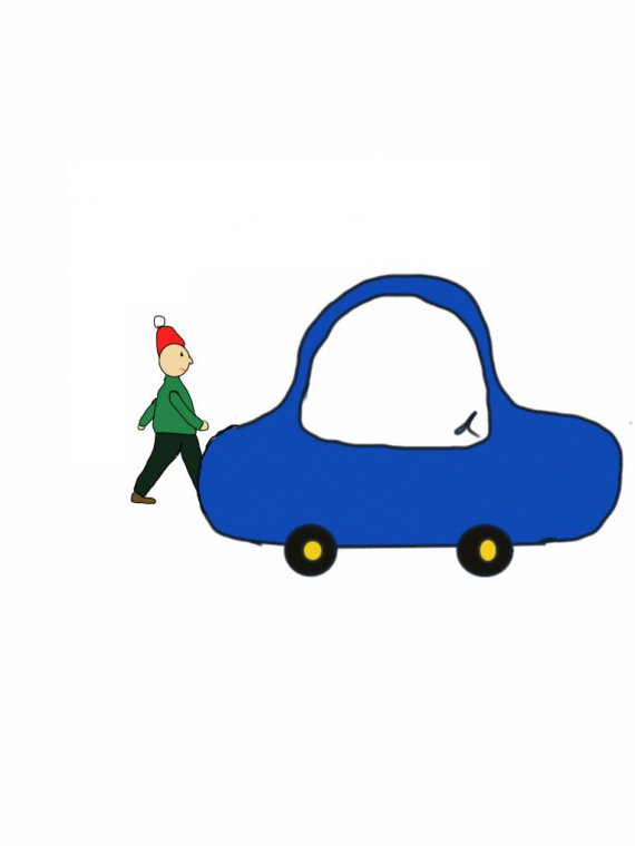 Tegning av en mann som går frem bak bilen.