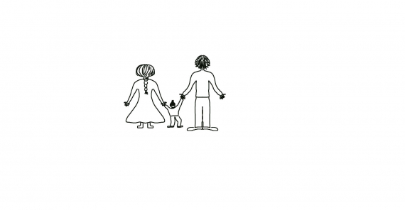 Tegning av en familie med mor, far og et barn.