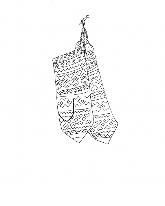 Tegnet bilde av to pyntevotter som er knytt sammen og henger fra en spiker.