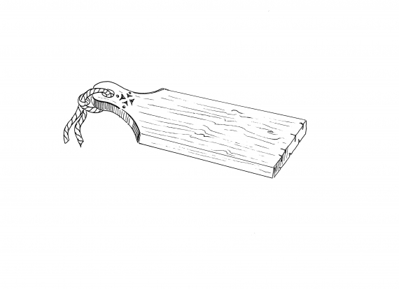 Tegnet bilde av en trefjøl med en taubit i enden.