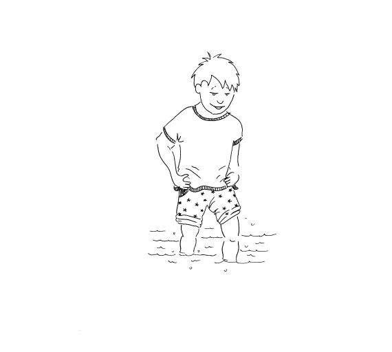 Tegnet bilde av en gutt som vasser til knærne.