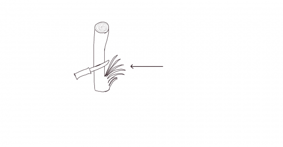 Tegning av en vedkubbe som hogges til opptenningsflis.