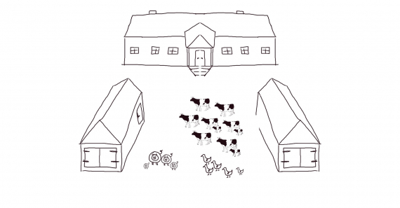 Tegning av en bondegård.