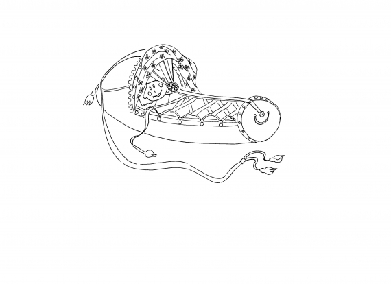 Tegnet bilde av en fin dekortert komse med en bamse opp i.