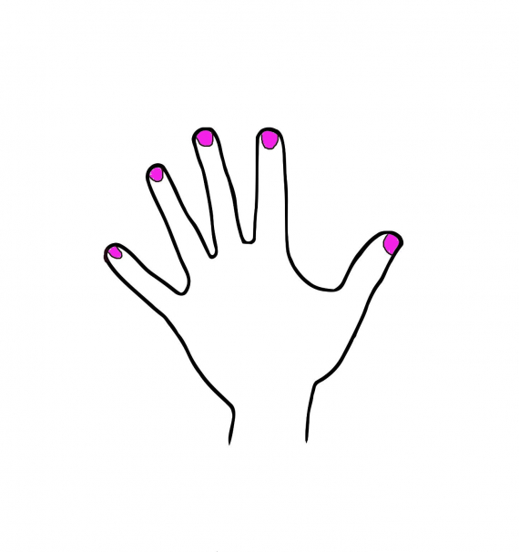 Tegning av en hånd med neglelakk på neglene.