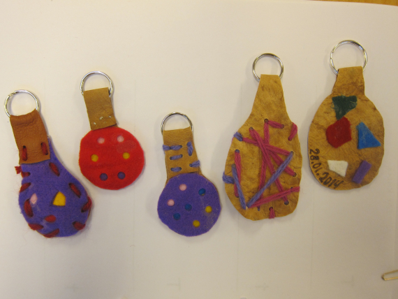 Nøkkelring laget av skinn og ullklede.