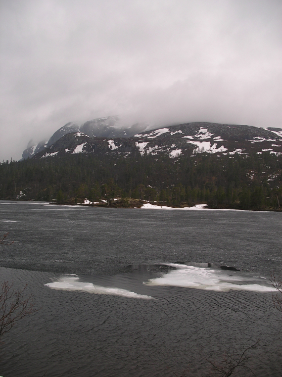 Bilde av en innsjø om våren, dårlig is.