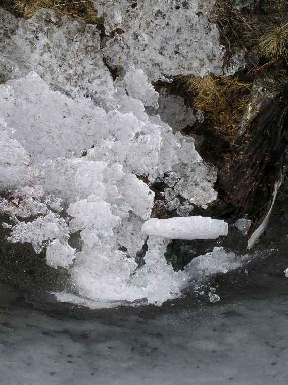 Bilde av is ved elvekanten om våren.