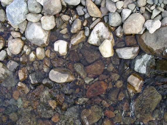 Stein ved elvekanten.