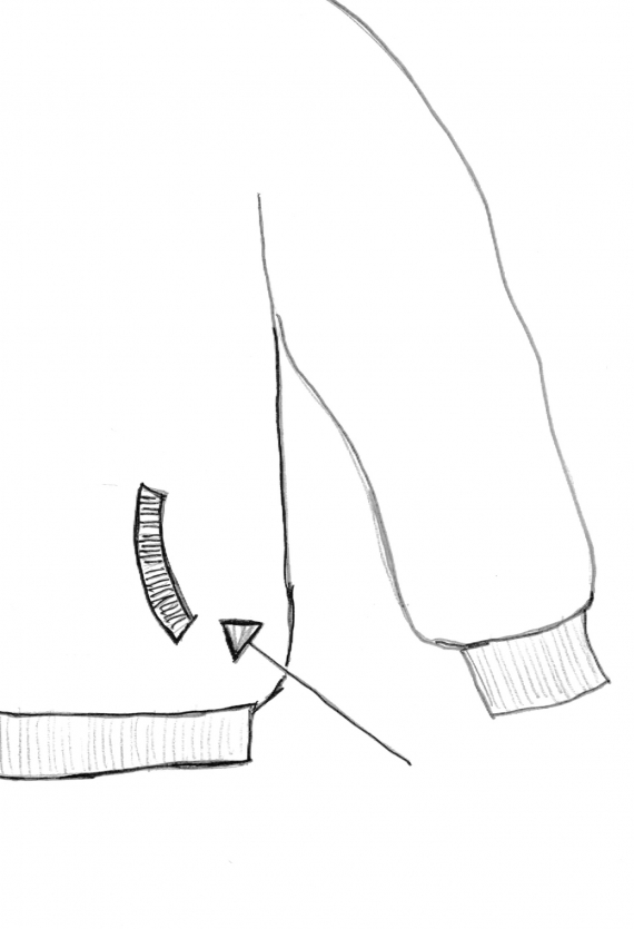 Tegning av en jakke med fokus på lommen.