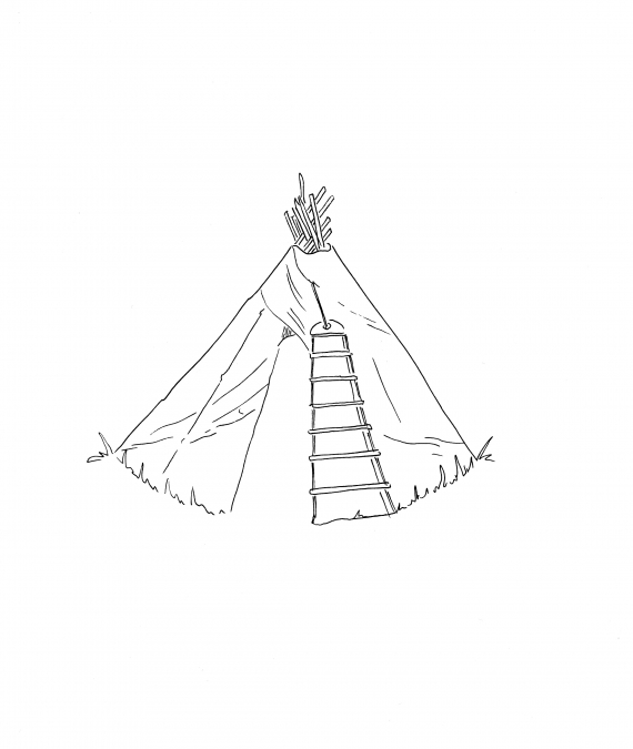 Tradisjonell lavvo med trær stilt mot hverandre.