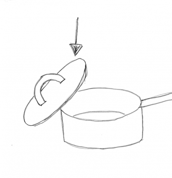 Tegning av en kjele med fokus på lokket.