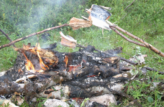 Foto av mat som grilles på trepinne over bålet.