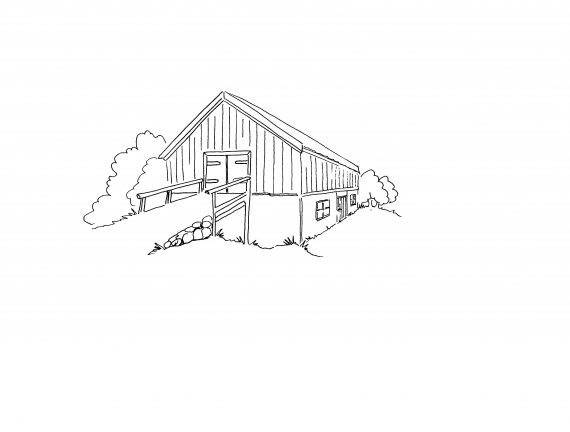 Fjøs med gelender opp til låven.