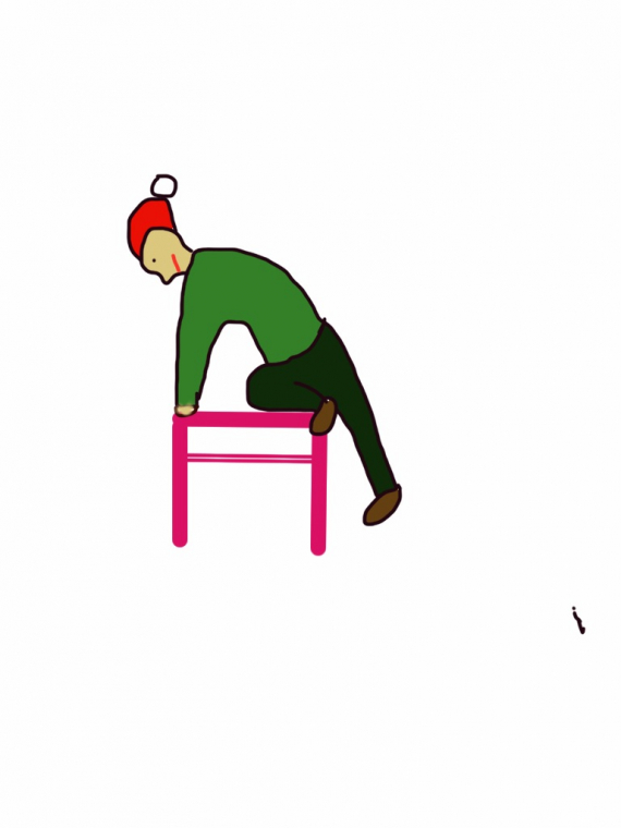 Tegning av en mann som klatrer opp på en krakk.