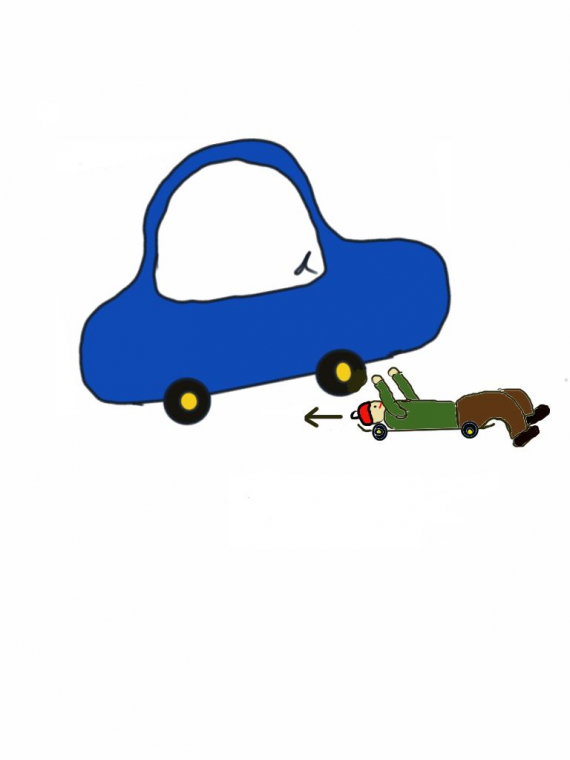 Tegning av en gutt som reparerer noe under bilen.