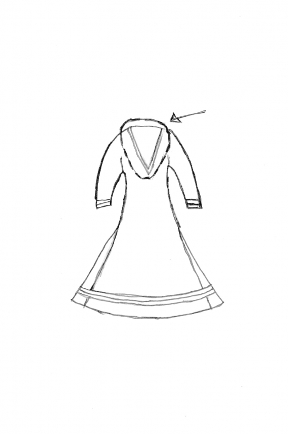 Tegning av sørsamisk kofte, med fokus på barmåpningen.