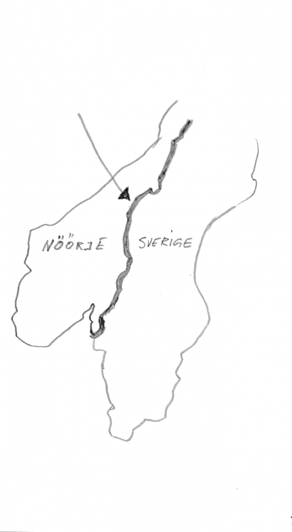 Tegning av Norge og Sverige, med fokus på riksgrensen.