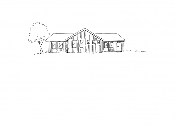 Enebolig med et træ på utsiden. Treet rager høyere enn hustaket.