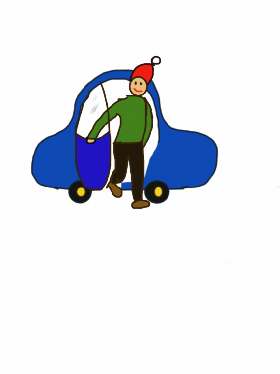 Tegning av en mann som kommer ut fra en bil.