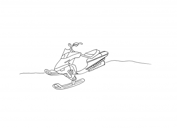 Tegnet bilde av en snøskuter i profil. 