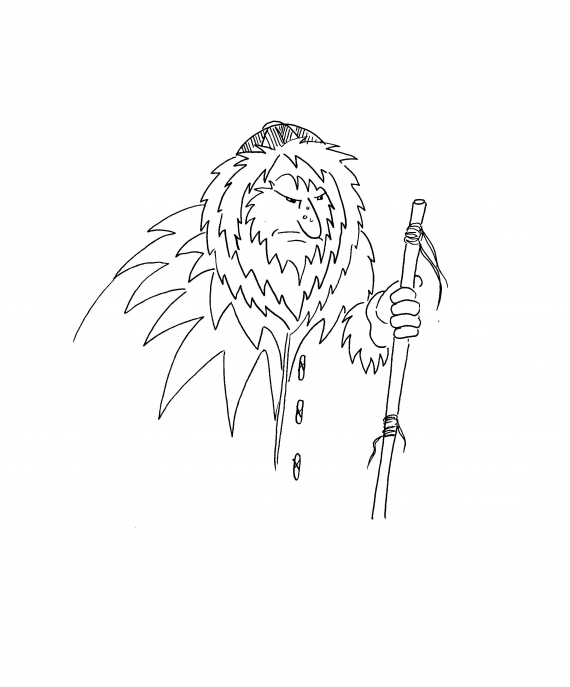 Tegnet bilde av en stallo med pesk og en stokk.