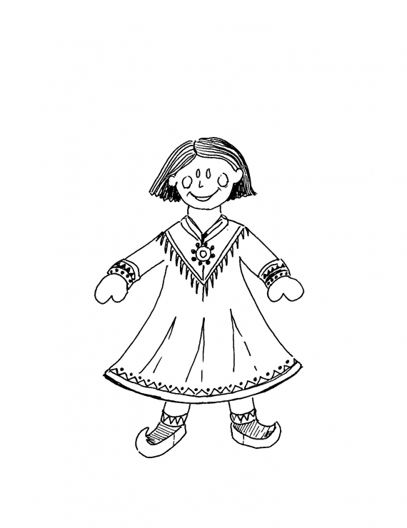 Tegnet bilde av en dukke med jentekofte.