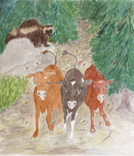 Kunst med motiv av en jerv som ser etter tre ku-kalver.