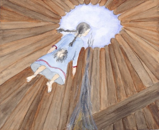 Kunst med motiv av en pike med kofte på som flyr opp i reahpen.